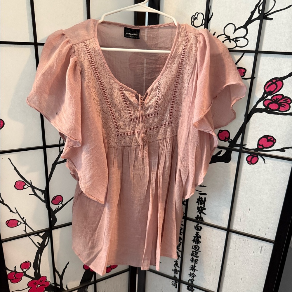Wallpapher Pink Flutter Sleeve Ruffled Blouse